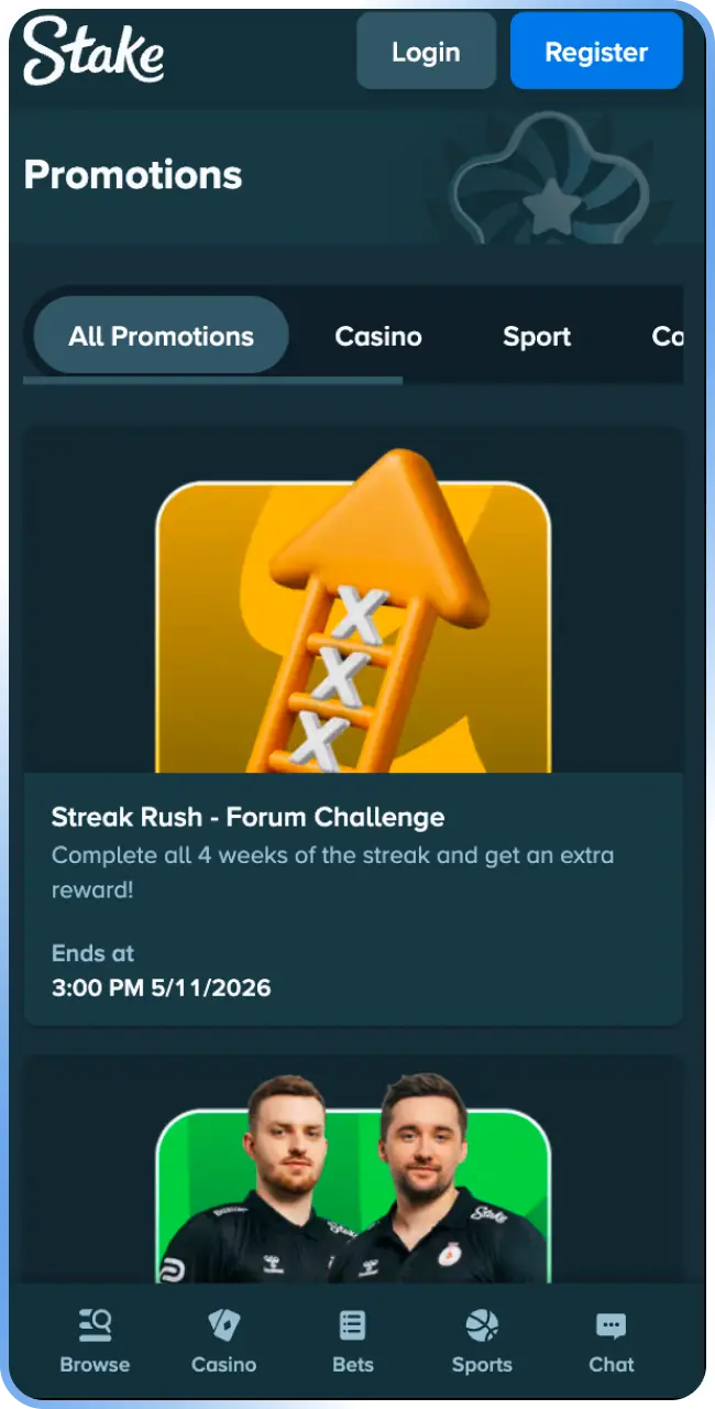 View the various bonuses interface preview through the Stake App.