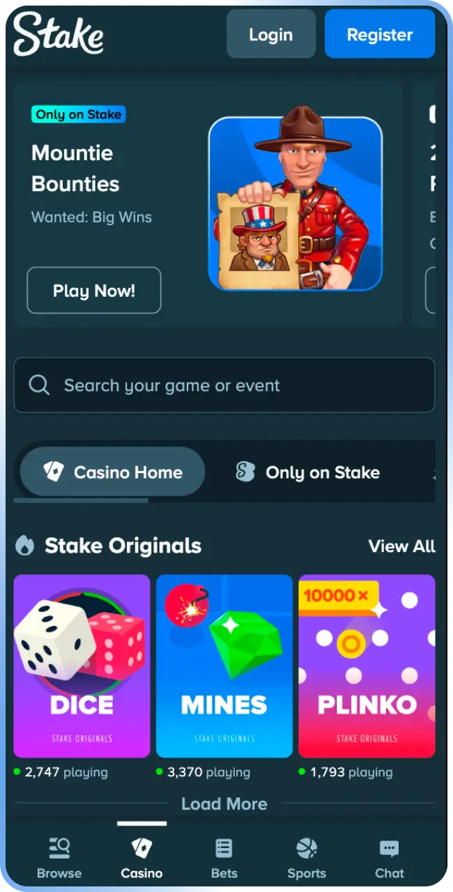 Check the casino interface preview available on the Stake App.