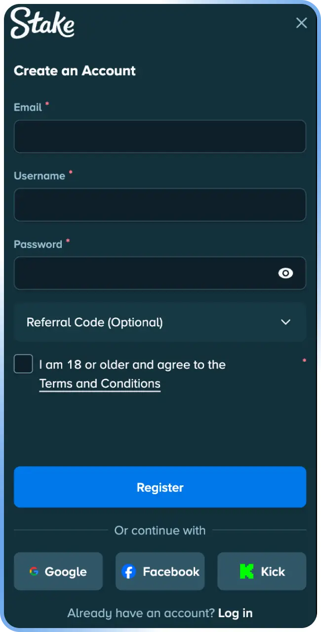 Look at the registration interface preview on the Stake App India.