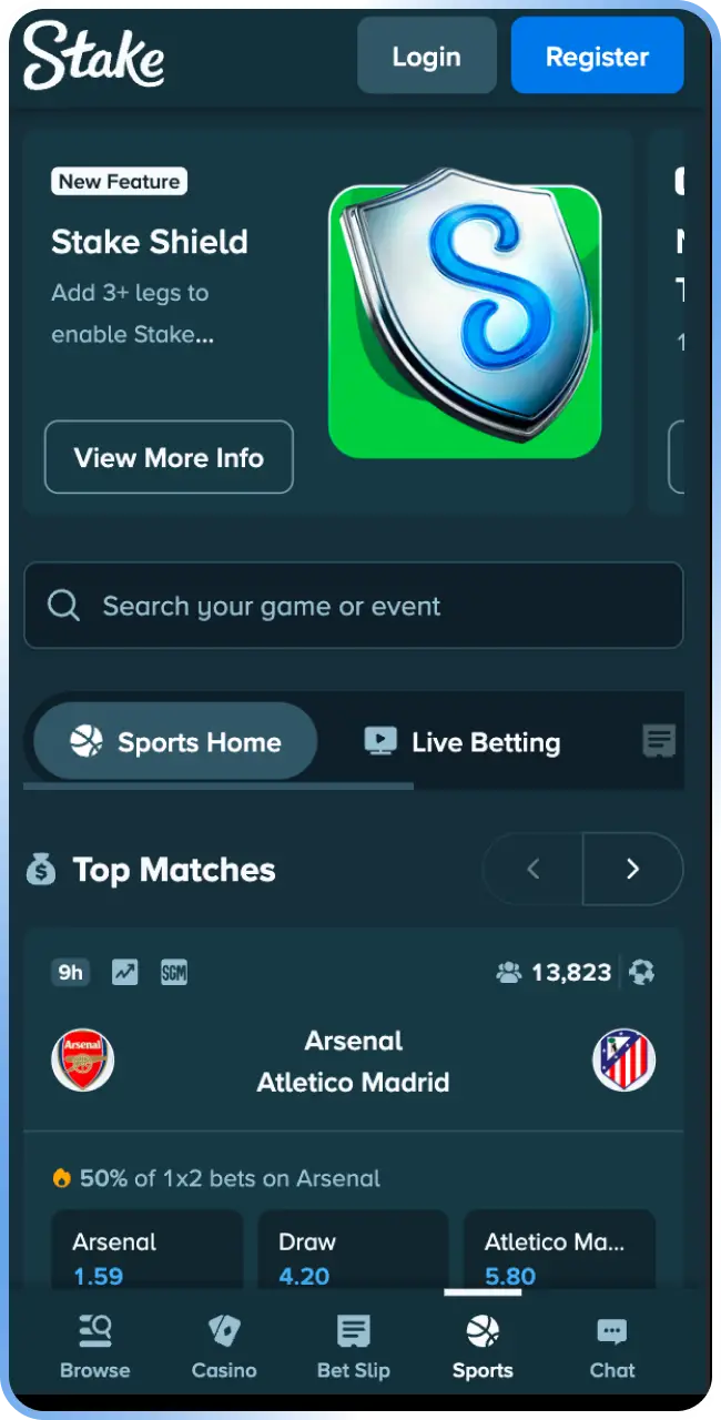 Browse the sports betting interface preview using the Stake App.