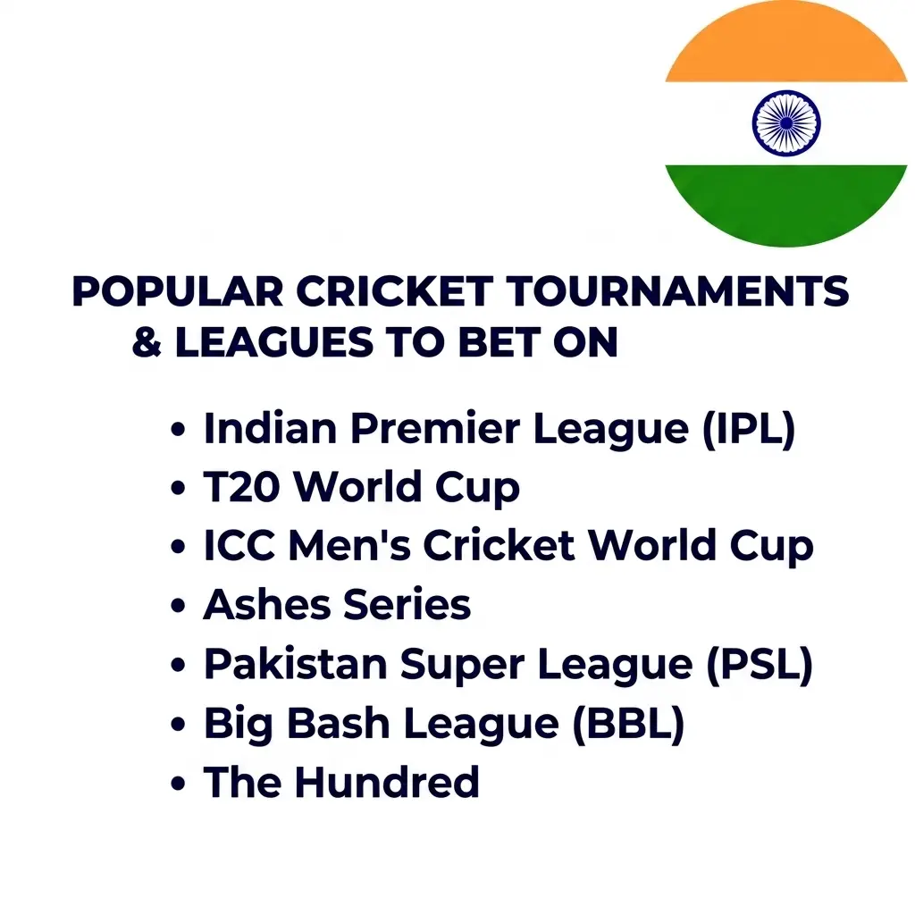 Popular cricket tournaments and leagues to bet on including IPL, ICC World Cup, The Ashes, and domestic T20 leagues