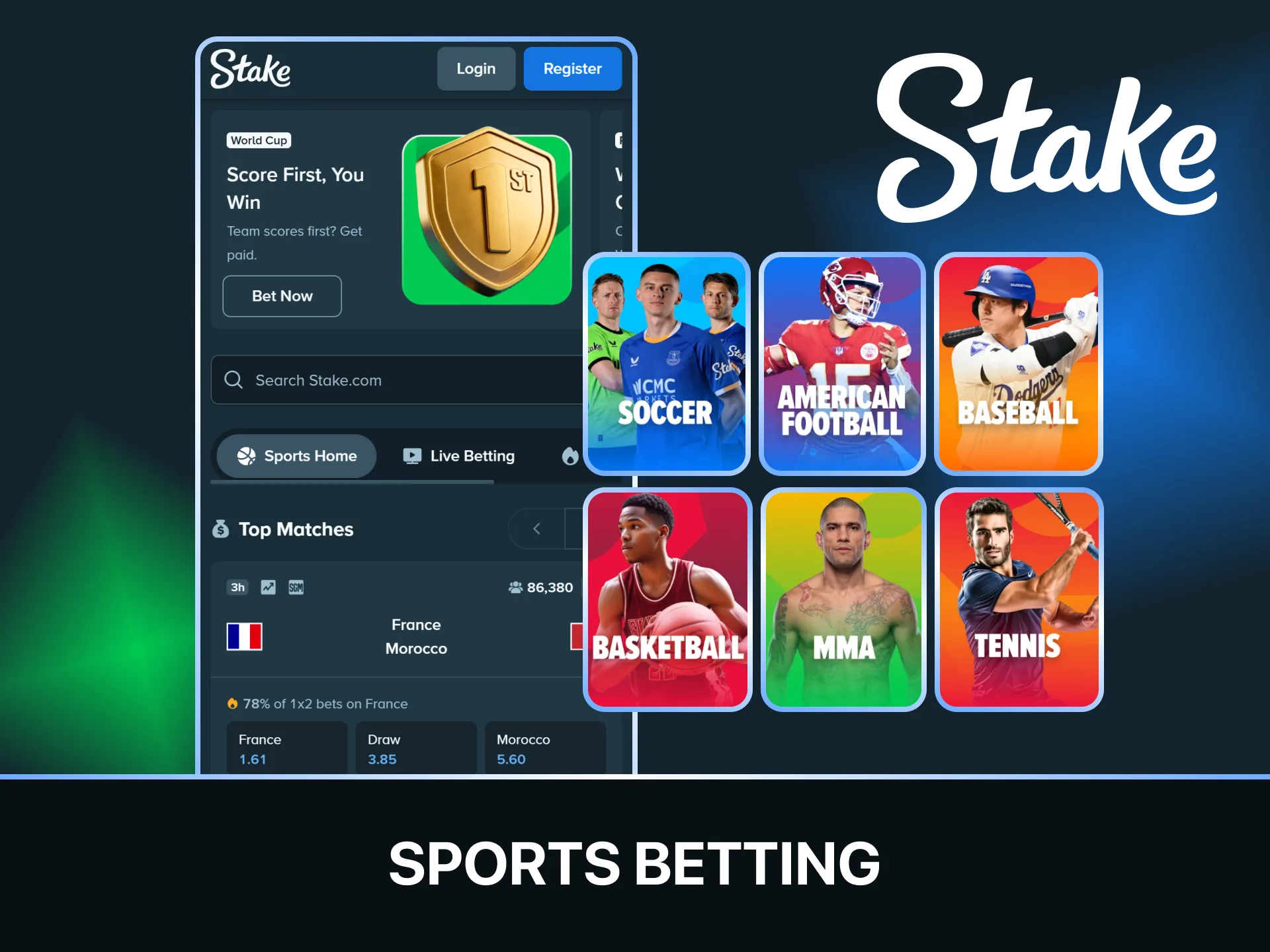 Place pre-match or live wagers via the Stake sports betting app.