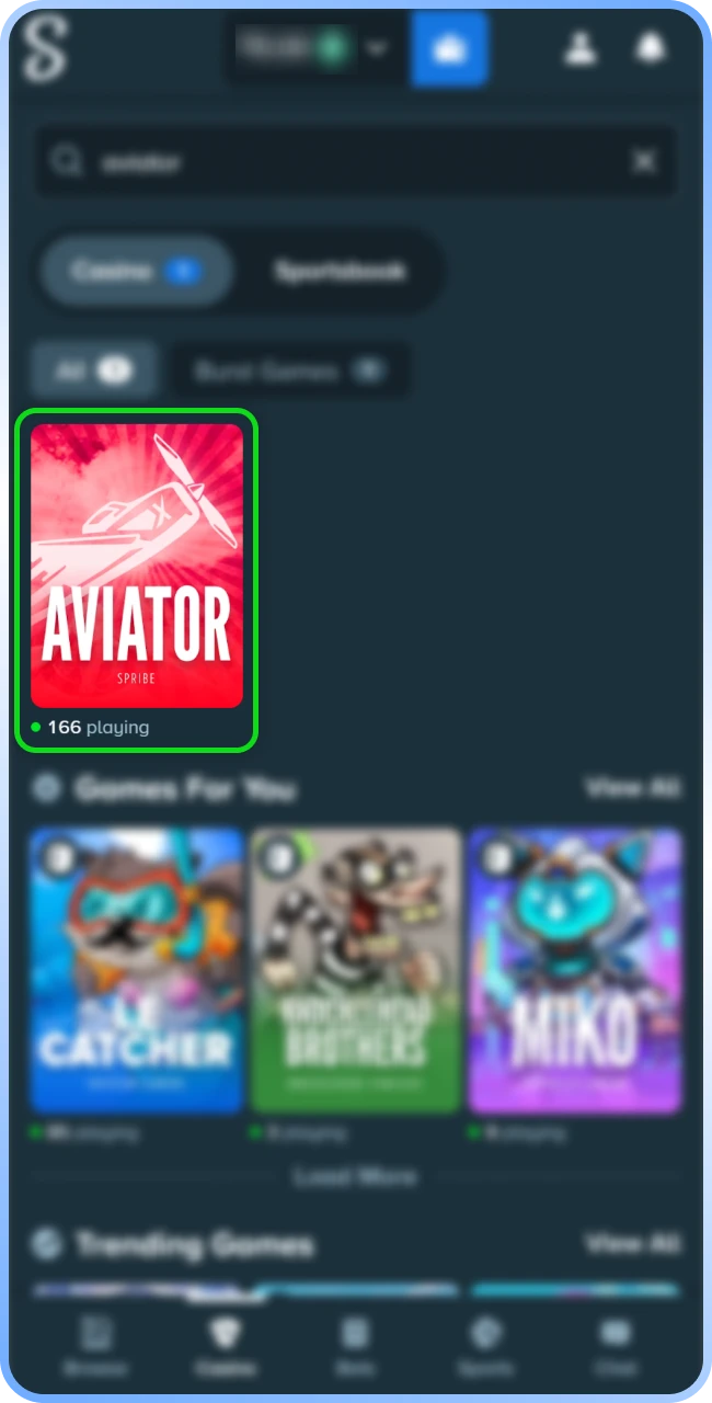 Search the casino catalog to open the thrilling Aviator game on Stake.