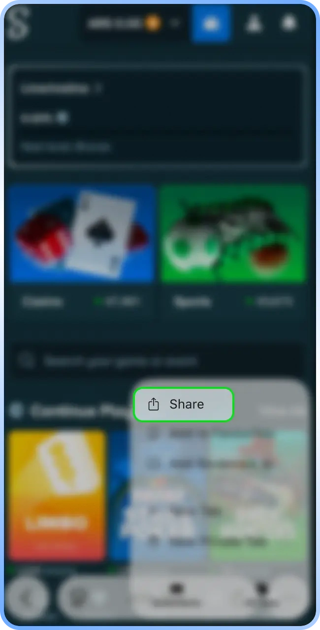 Use the browser options menu to set up the iOS shortcut on Stake for playing Aviator.