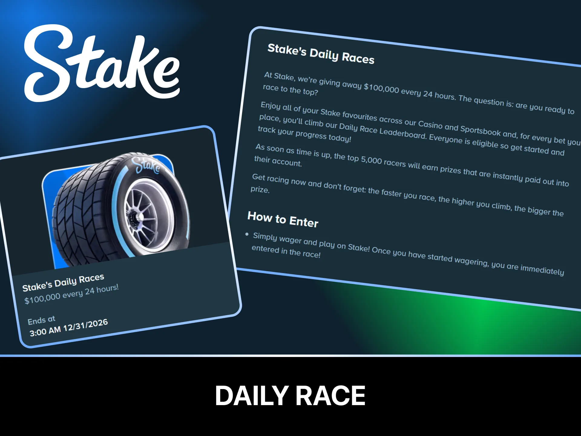 Win cash rewards by participating in the daily race casino events on Stake.