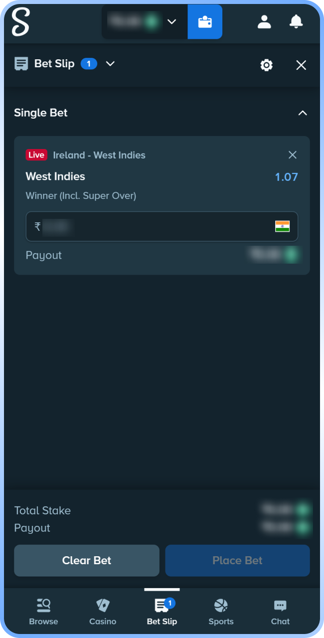 Confirm your wager details to finalize a successful Stake cricket bet.