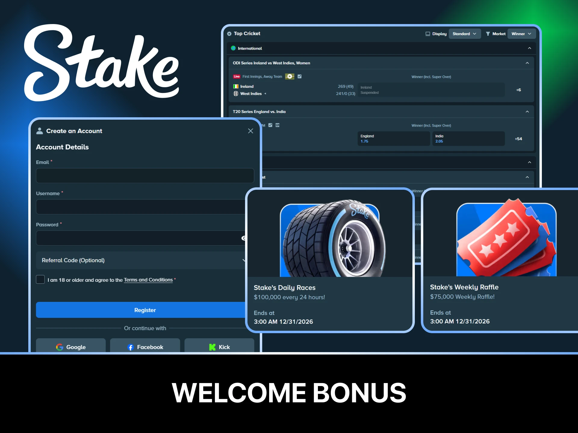 Claim the Stake welcome bonus to start placing successful cricket wagers.