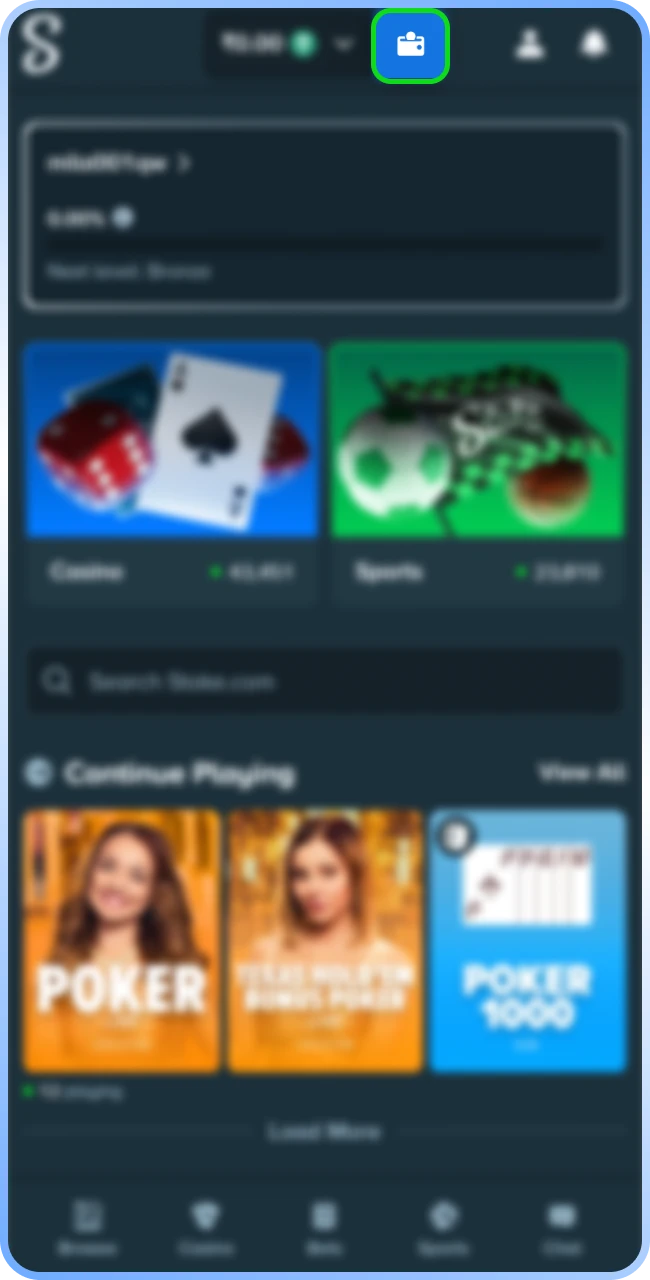 Access the dedicated account wallet area to make a smooth Stake deposit.
