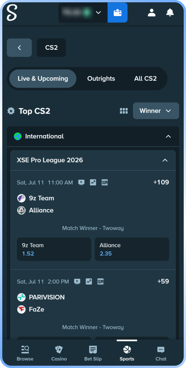 Launch the dedicated eSports category inside the Stake mobile program.