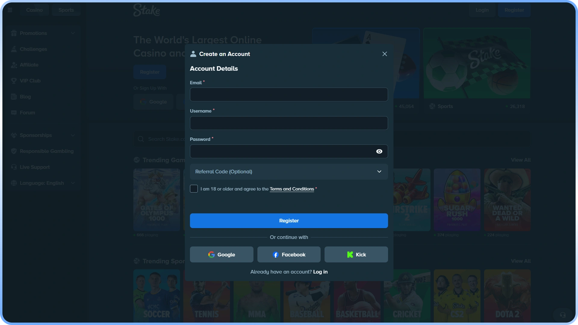 Sign up on the platform to start Stake eSports betting.