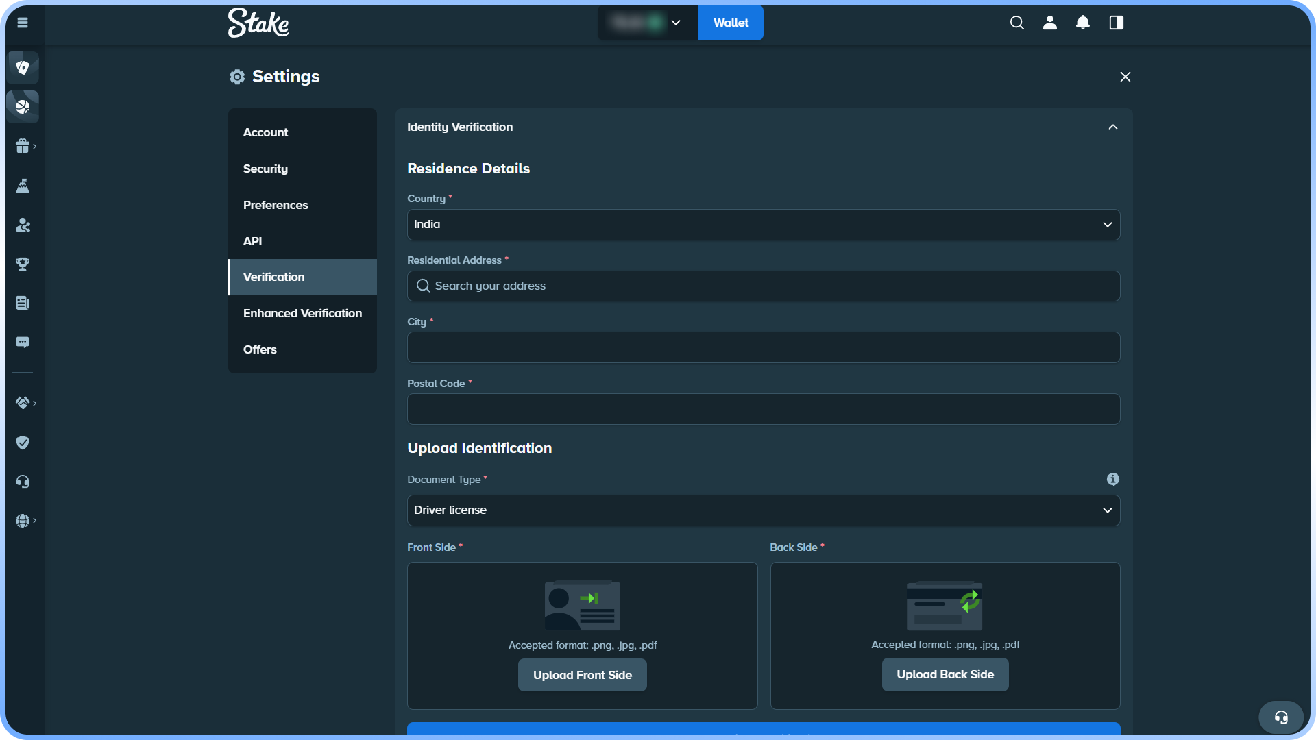 Confirm your identity details to secure your Stake account for eSports betting.