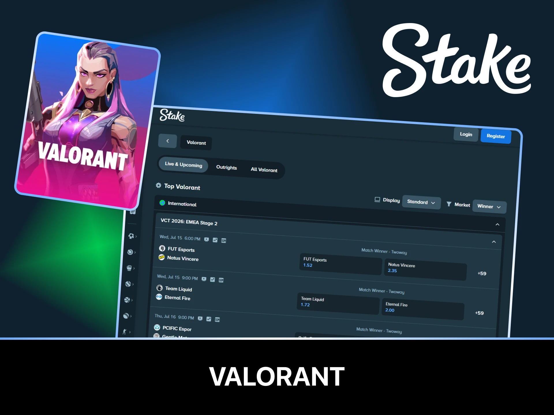 Experience intense Valorant eSports prediction markets directly on Stake.