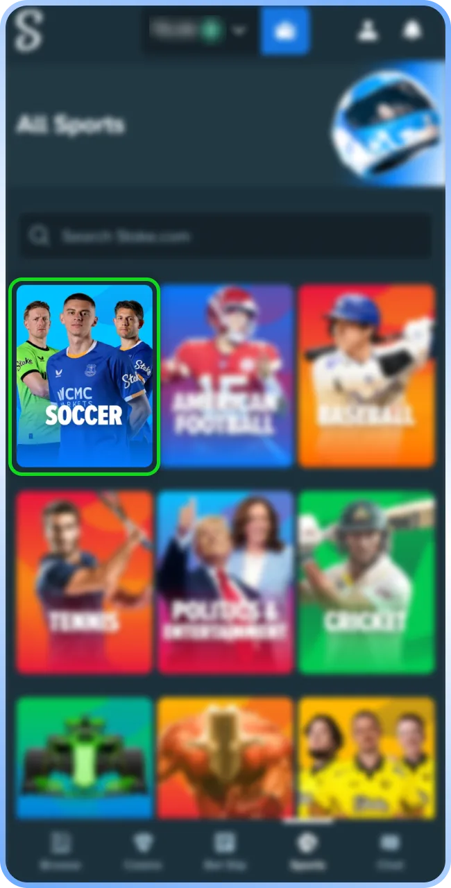 Open the sports section to find diverse Stake football betting options.