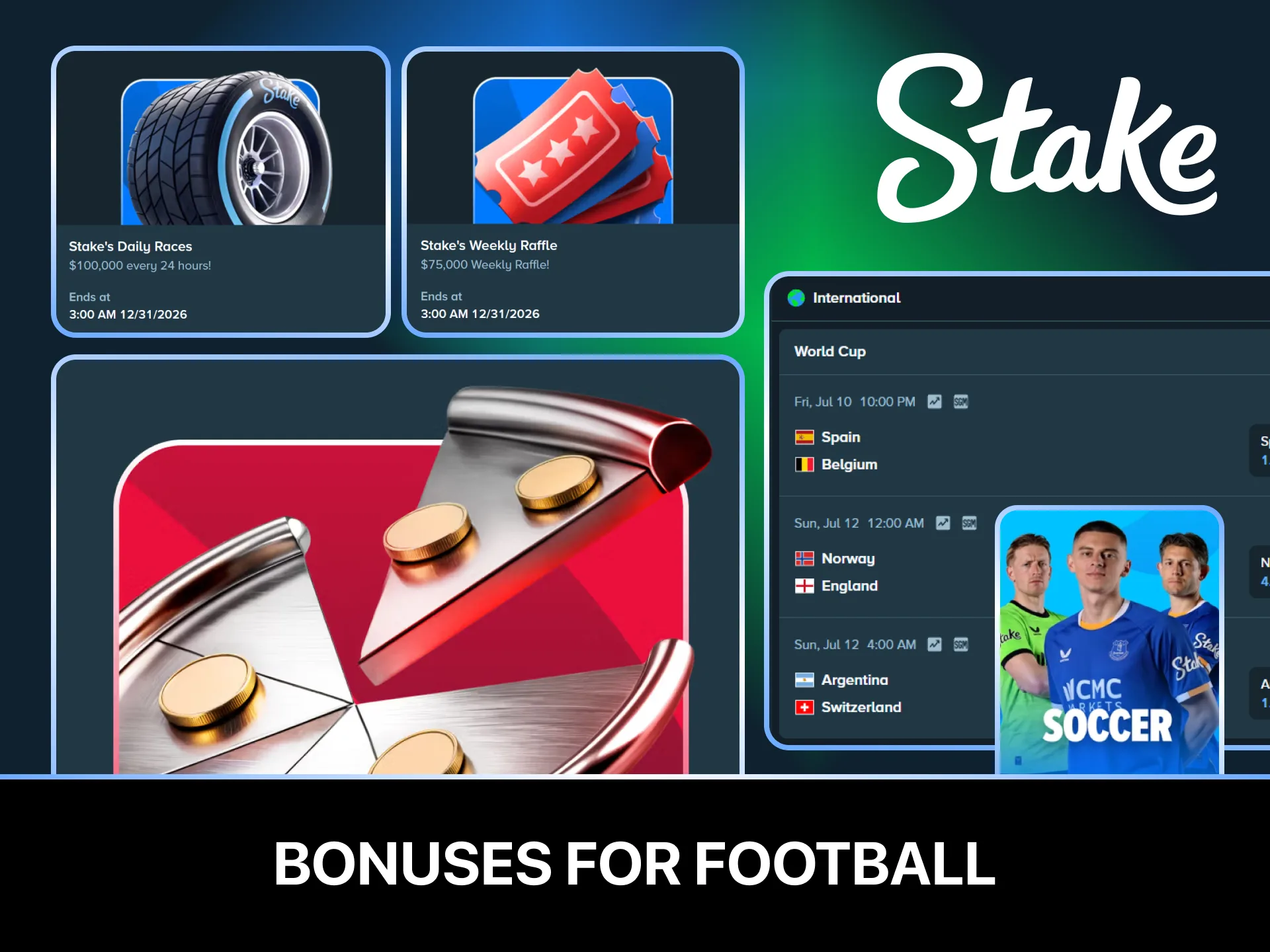 Stake offers various bonuses that can be used for football betting.