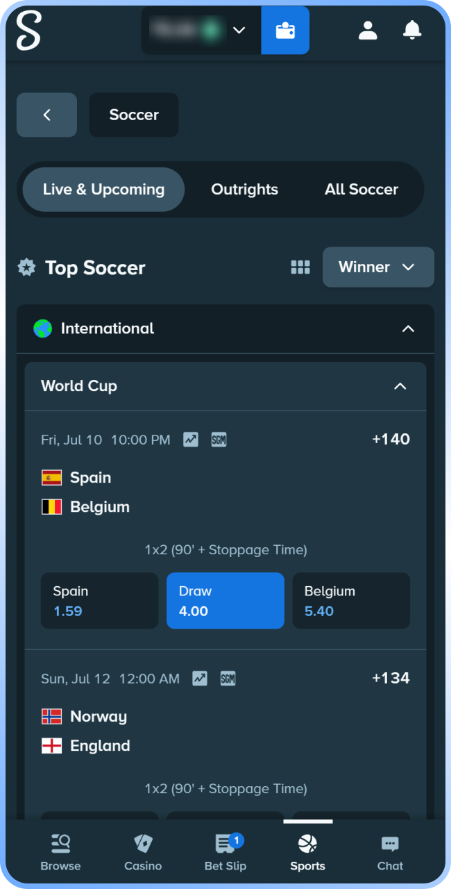Select a preferred match and market for strategic Stake football betting.