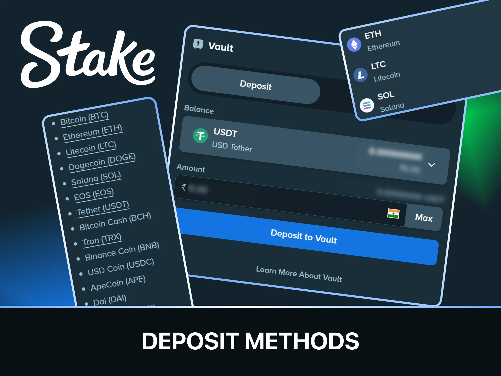 View all convenient deposit methods to fund your Stake betting profile securely.
