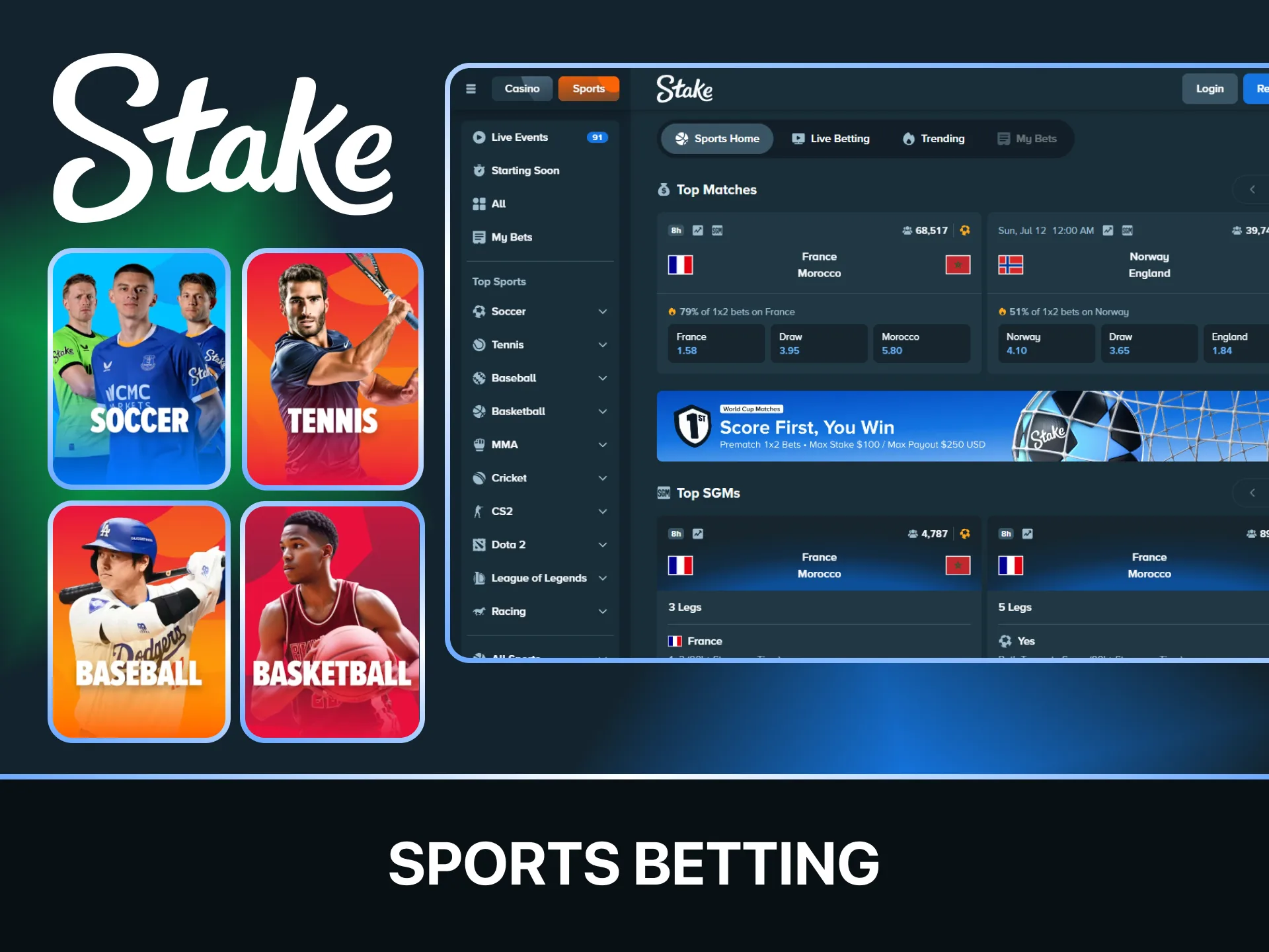 Explore a wide variety of competitive sports betting options available at Stake.