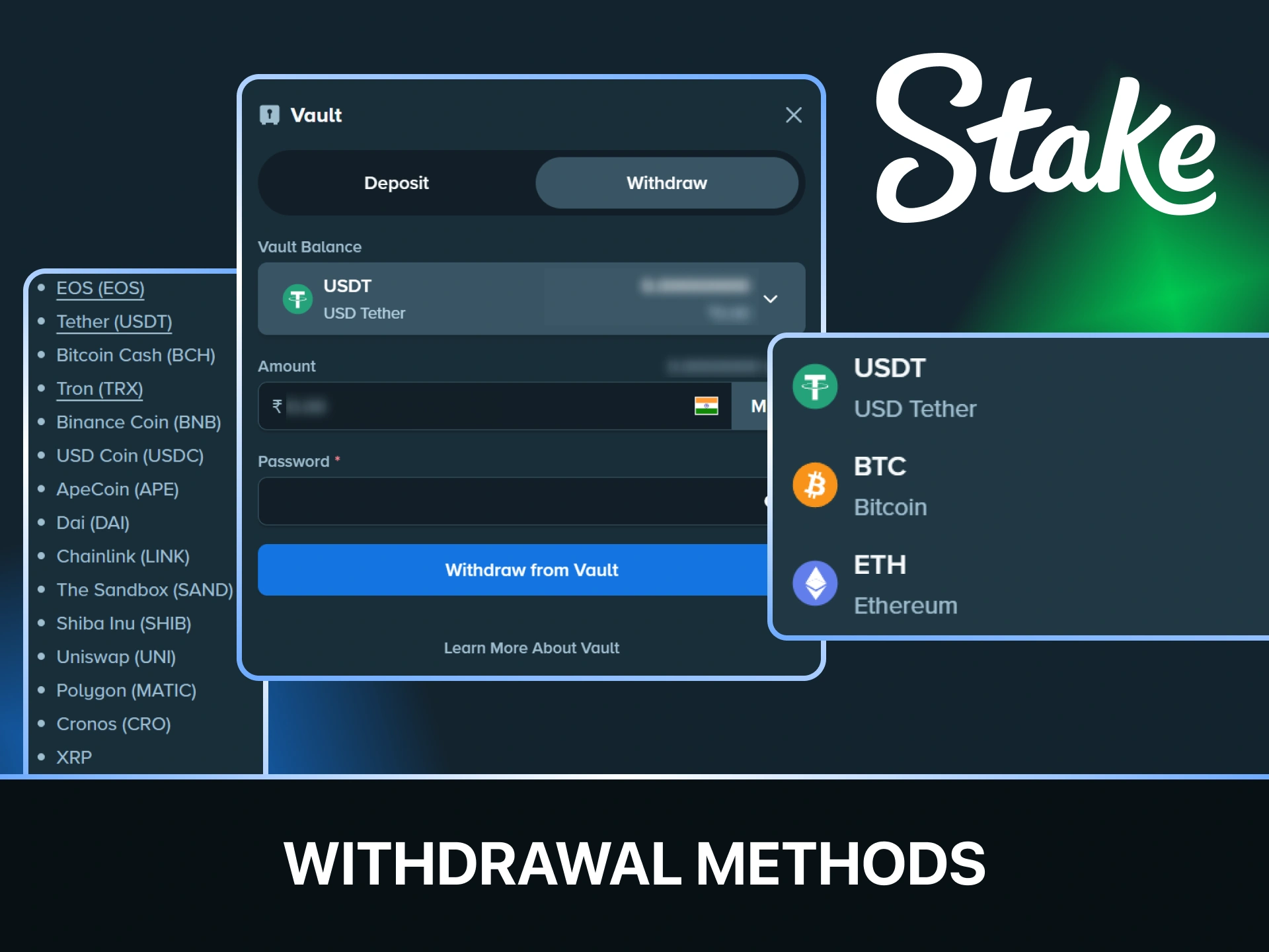 Check the available withdrawal methods to cash out your Stake winnings safely.